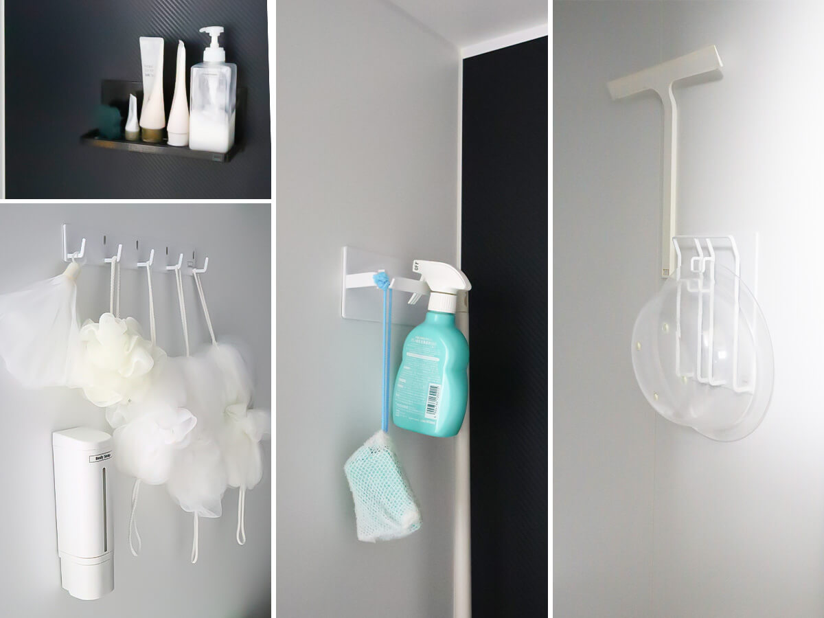 マグネット式ラック、フックなどを後付けした浴室